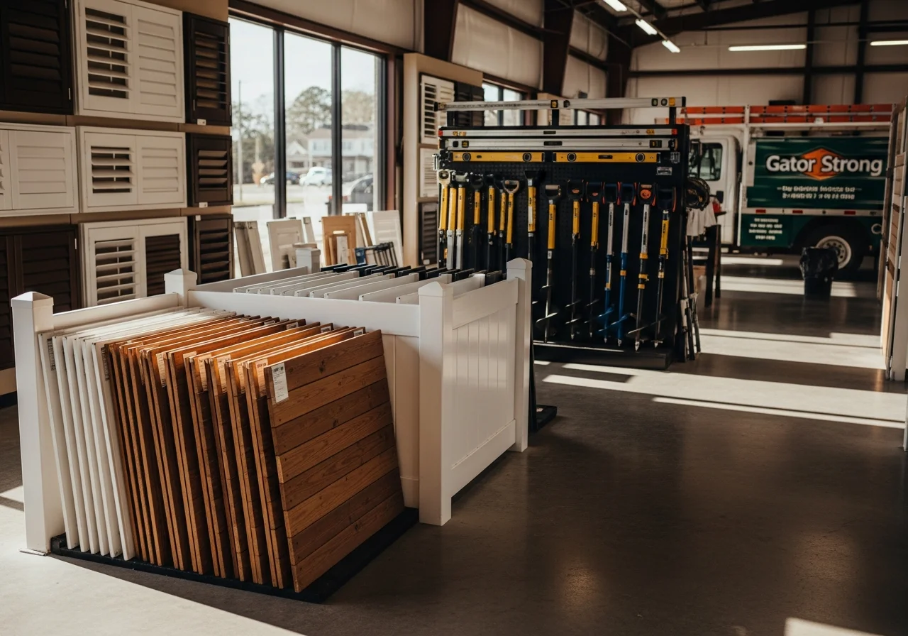 Professional contractor crew and tools on display at the Gator Strong showroom, featuring fence samples, shutter styles, and installation equipment.