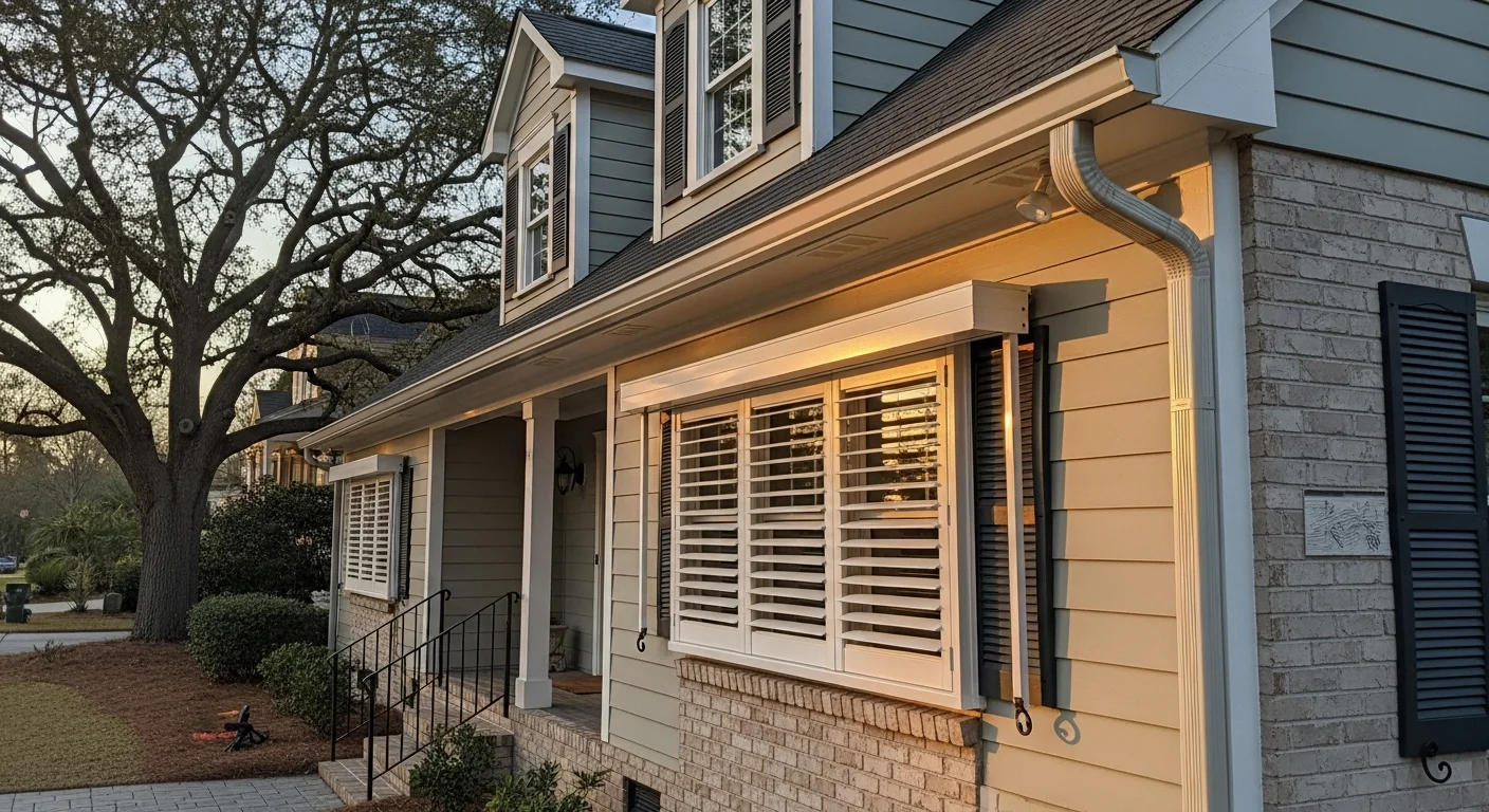 Hurricane shutters and gutter system installed on Wilmington home exterior