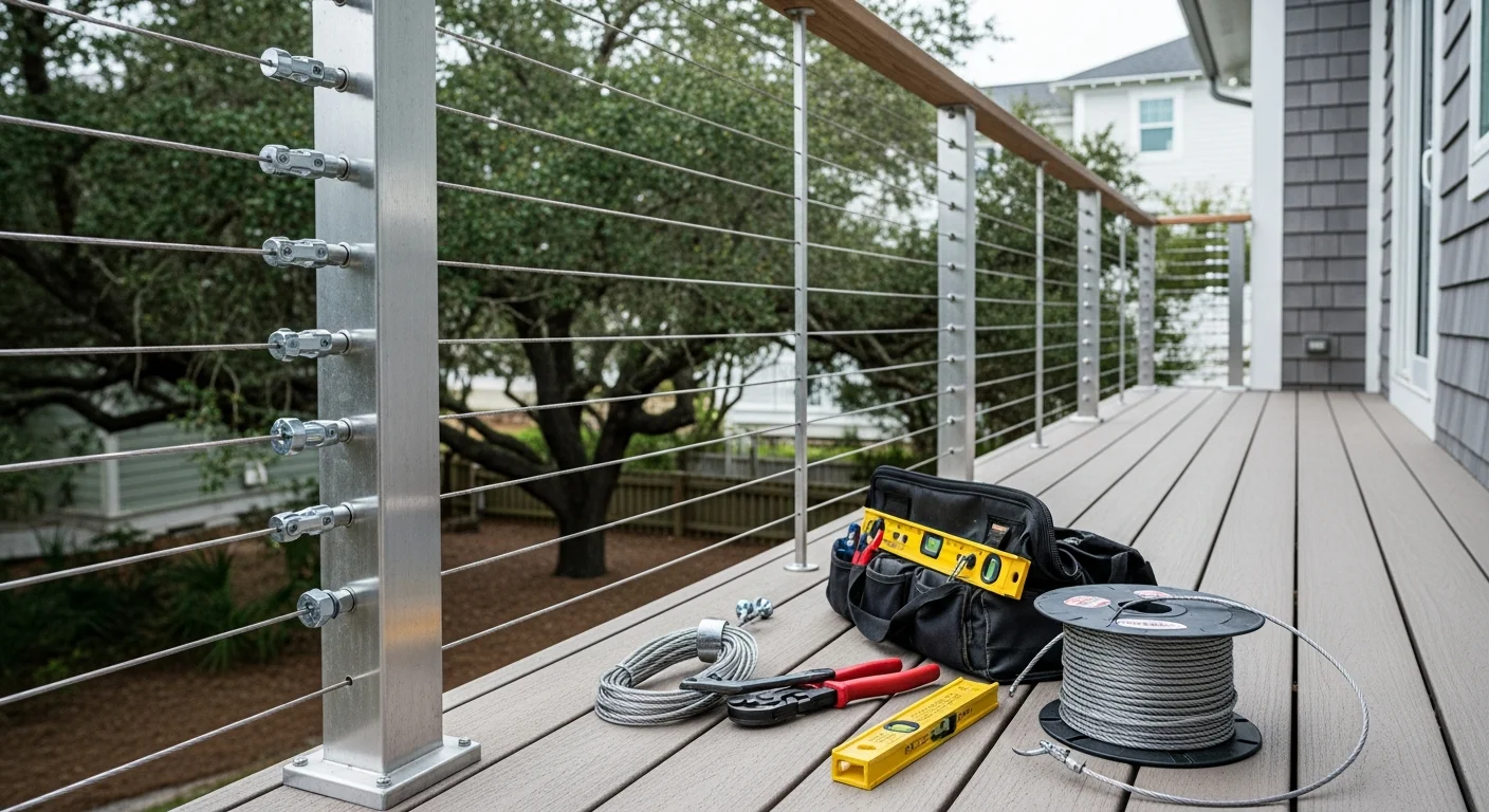 Modern cable railing system installed on a residential deck in Wilmington, NC