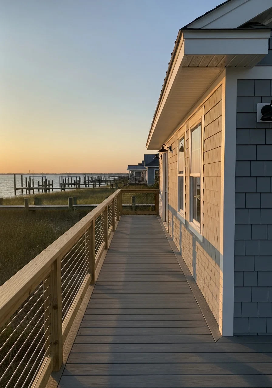 Waterfront cottage renovation in Surf City showing new deck construction and water-view siding replacement.