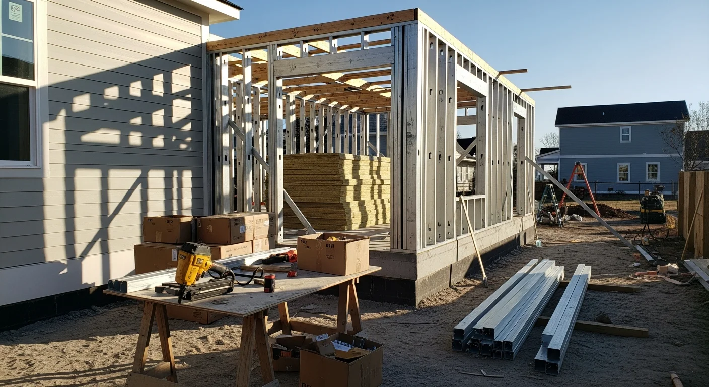 A finished 4 seasons room addition on a residential home in the Coastal Carolinas, with insulated walls, large windows, and interior living space visible. The room connects directly to the main house and overlooks a coastal Carolina backyard.