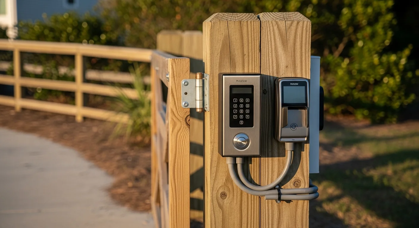 A residential driveway gate entry panel with a mounted keypad access control unit installed by Gator Strong in the Coastal Carolinas. The system is set against a coastal property fence line with a paved driveway approach.