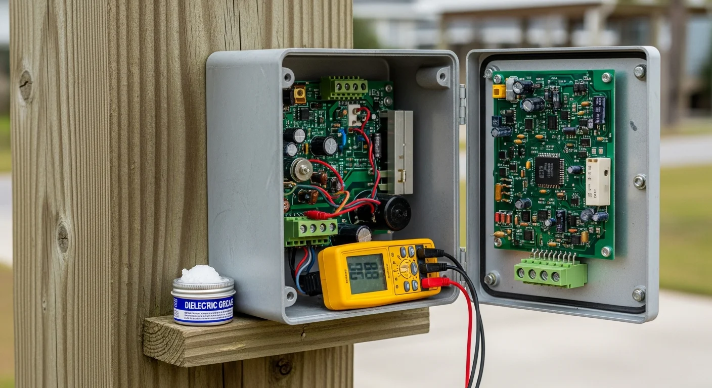 A technician inspecting a wall-mounted access control keypad and wiring panel at a gated property in the Coastal Carolinas. The unit shows signs of coastal wear with the gate operator visible in the background.