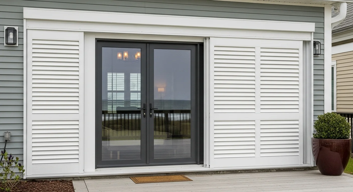 Accordion hurricane shutters fully closed across the windows and sliding glass door of a single-story coastal home in the Coastal Carolinas. The aluminum panels are locked on the track with the surrounding yard and street visible in the background.