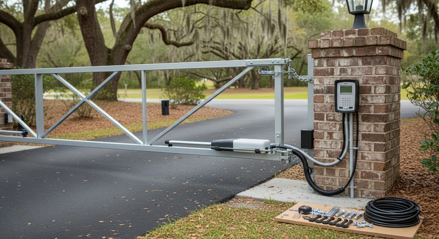 A newly installed automatic swing gate at the driveway entrance of a residential property in the Coastal Carolinas. The gate operator and keypad are mounted on a brick column beside a paved driveway lined with coastal landscaping.