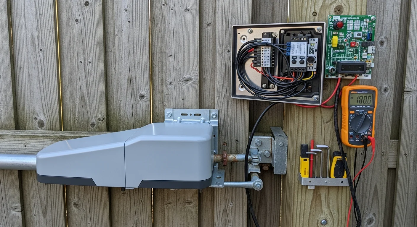 A residential automatic swing gate in the Coastal Carolinas being serviced by a Gator Strong technician, showing the gate operator panel open for inspection on a paved driveway.