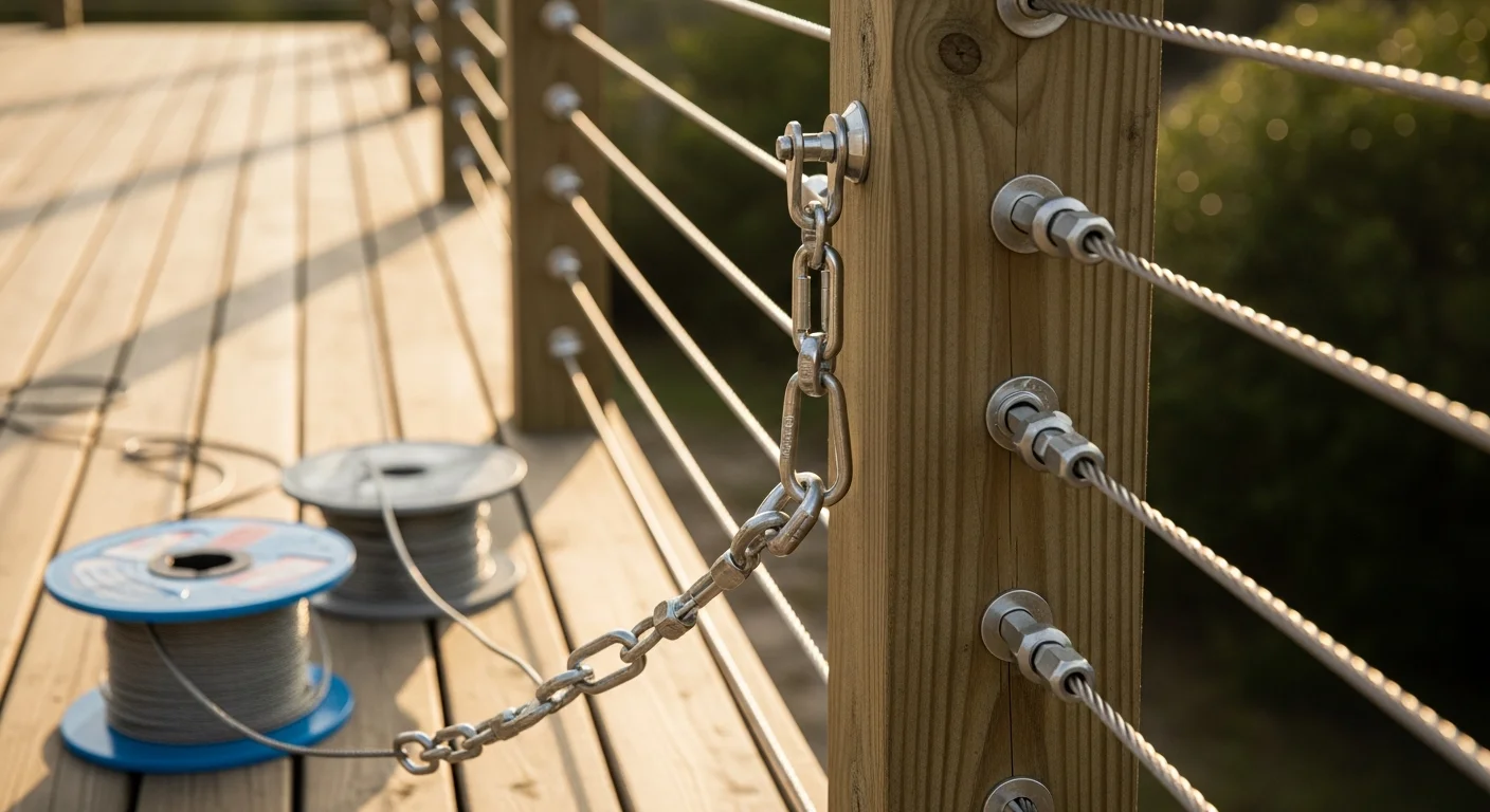 A commercial-grade cable railing system along a multi-family walkway on a coastal Carolina property, with consistent posts and open views across the building exterior.
