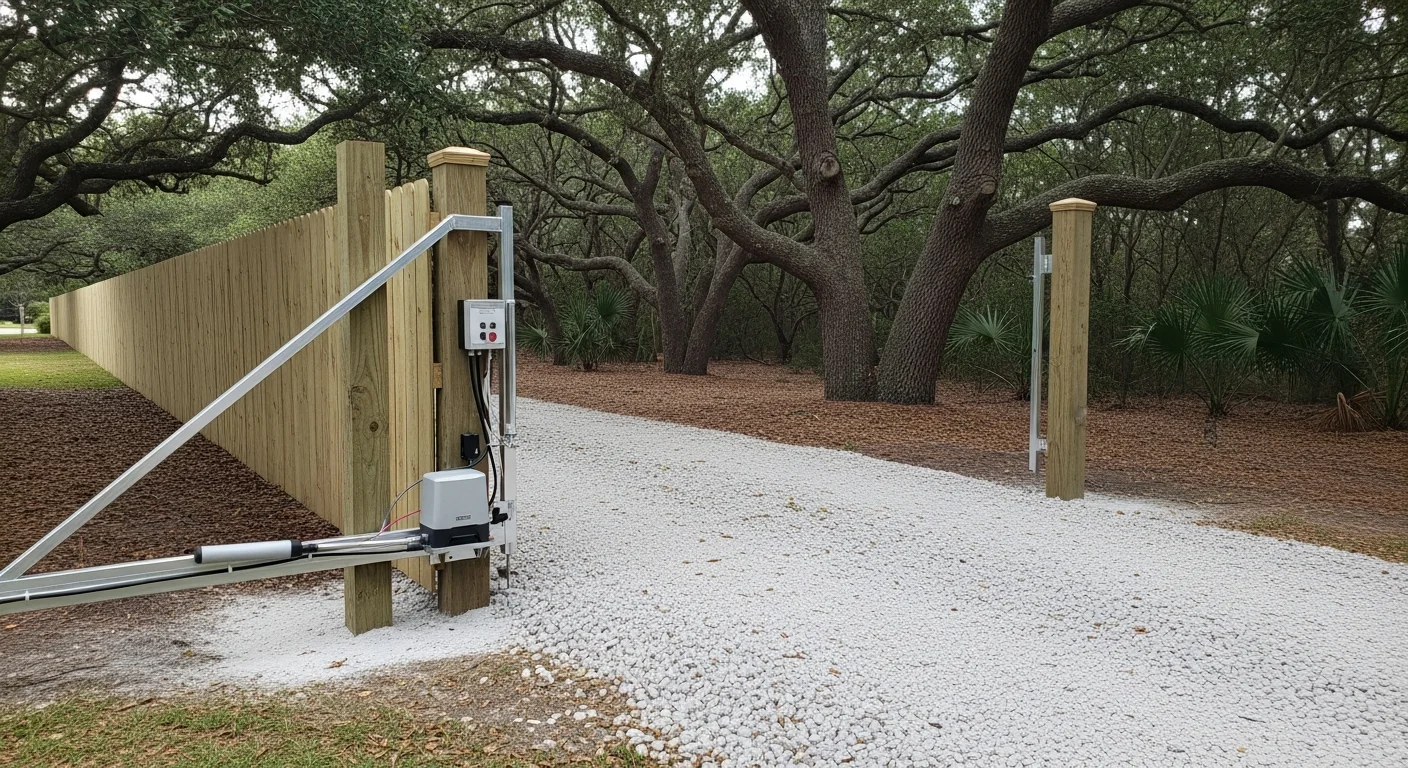 A custom-installed residential gate at a Coastal Carolinas property, showing a finished swing gate mounted to a wood fence along a paved driveway. The gate hardware and finish are suited for coastal conditions common in the Wilmington area.