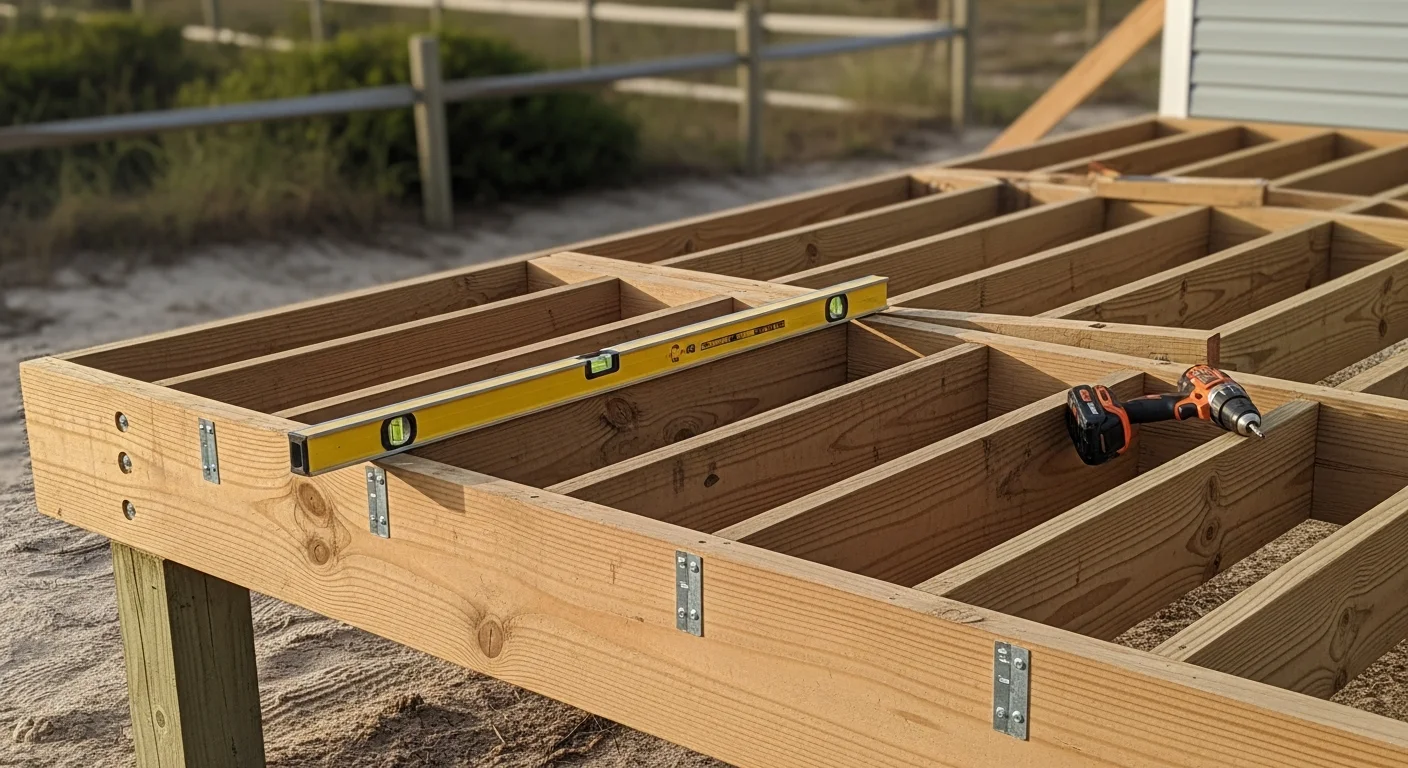 A newly built custom wood deck attached to a residential home in the Coastal Carolinas, with clean railing lines and a backyard view. The deck structure shows coastal-grade framing and corrosion-resistant hardware suited to the Wilmington area climate.