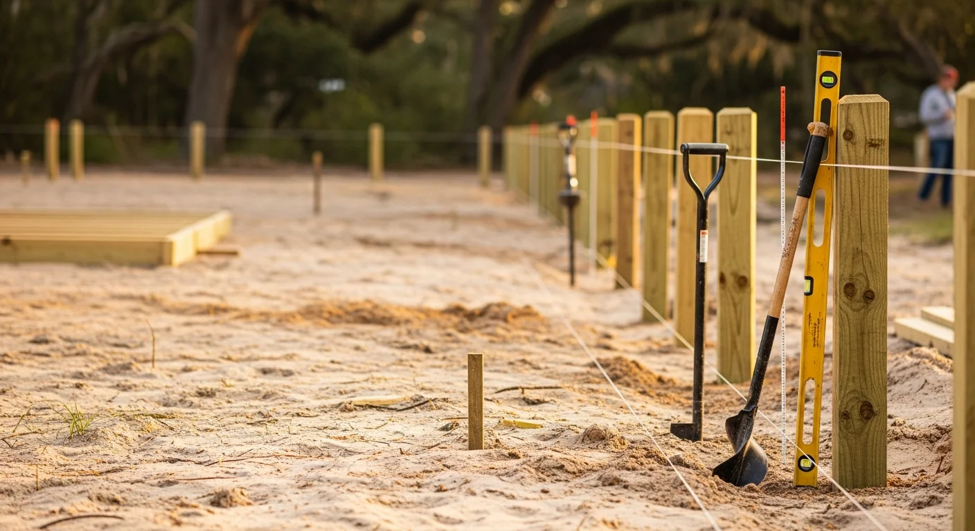 A newly installed residential privacy fence along a Coastal Carolinas property line, with straight posts, even panels, and a finished gate opening onto a landscaped yard.