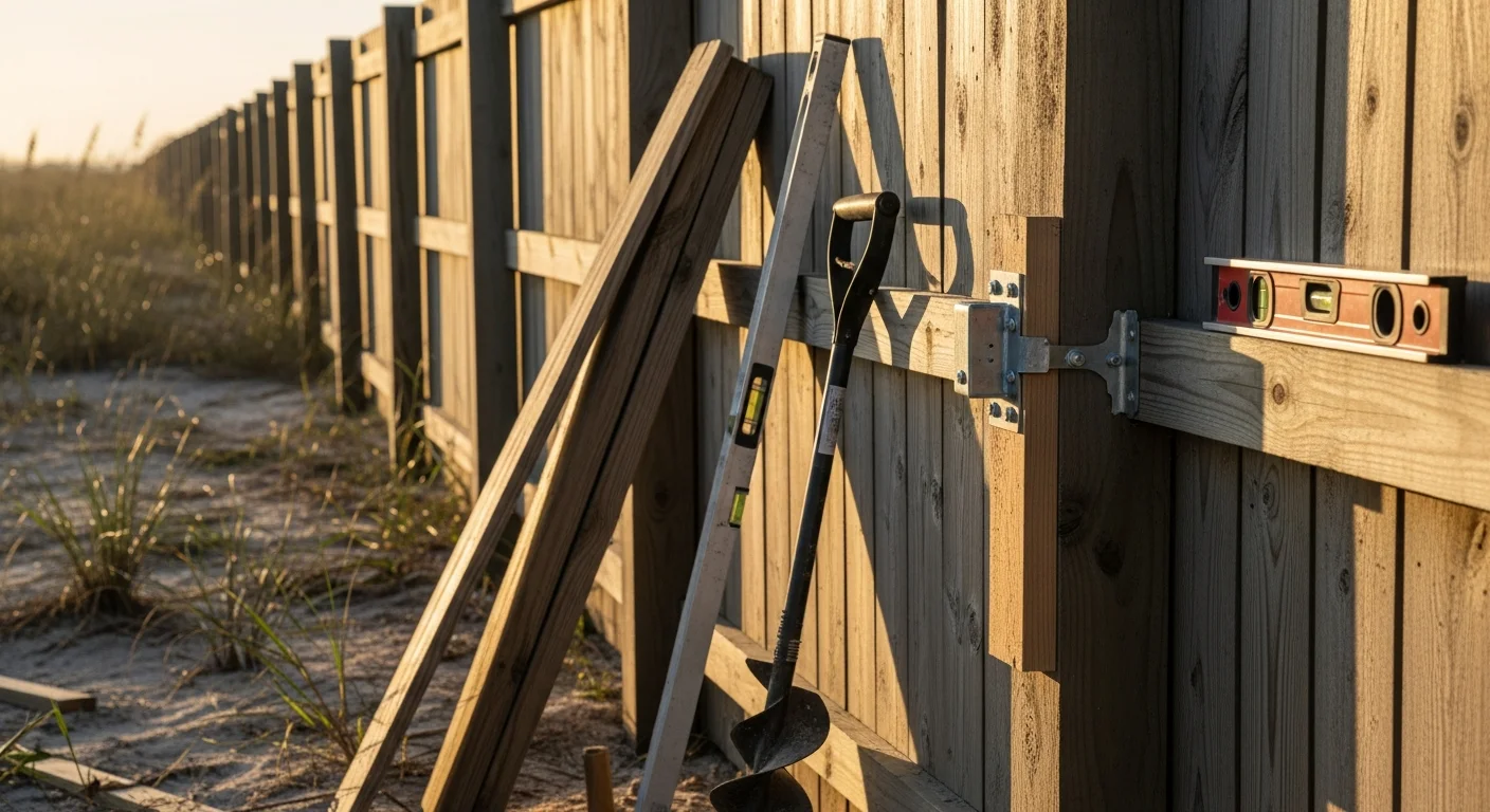 A commercial fence line enclosing a Coastal Carolinas business property, with tall uniform panels, a vehicle gate opening, and a finished perimeter along a paved lot.