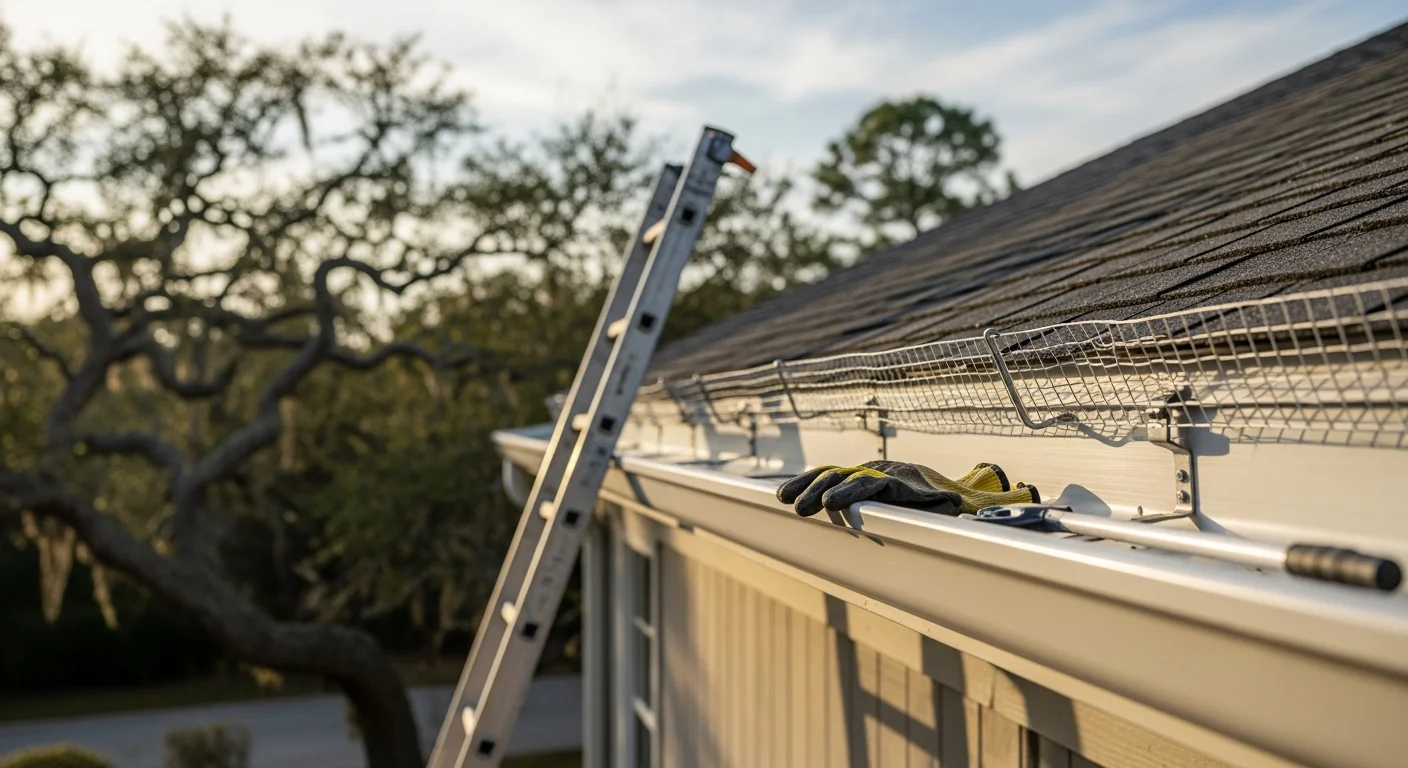 Newly installed gutter system running along the roofline of a coastal home in the Coastal Carolinas, with a downspout directing water away from the foundation. Close view shows secure bracket attachment and clean aluminum profile against painted fascia board.