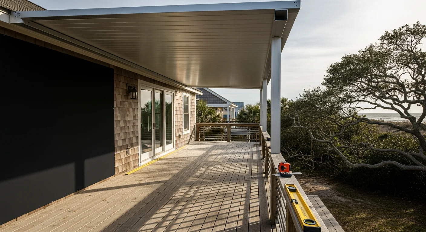 A finished patio roof system installed by Gator Strong on a residential home in the Coastal Carolinas, with a solid covered ceiling over an outdoor deck. The structure shows clean framing and weather-ready construction suited to the coastal Carolina climate.