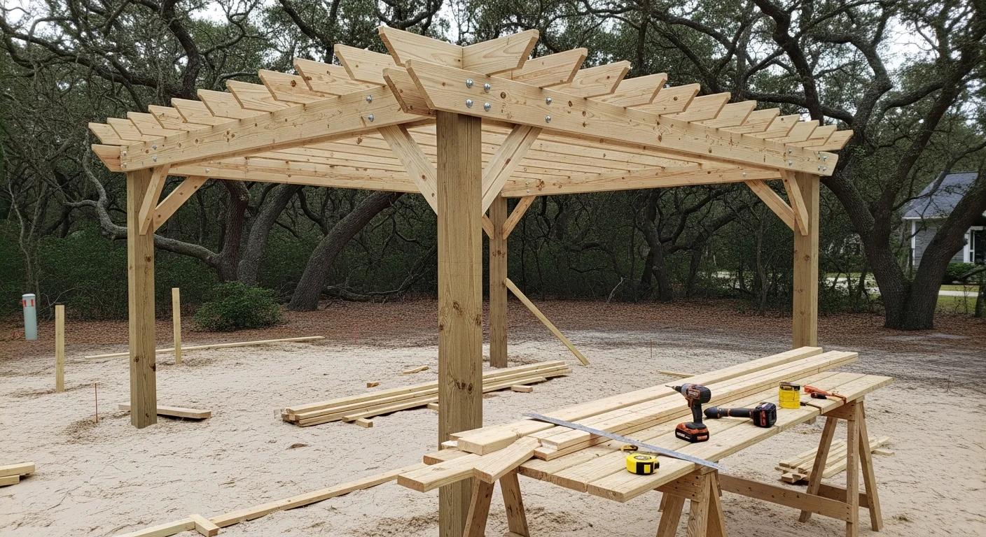 A custom pergola installed in a Coastal Carolinas backyard, featuring corrosion-resistant hardware and open-beam construction suited to the coastal North Carolina climate. The structure provides defined shade over a rear patio with a wood-look finish and clean post-and-beam framing.