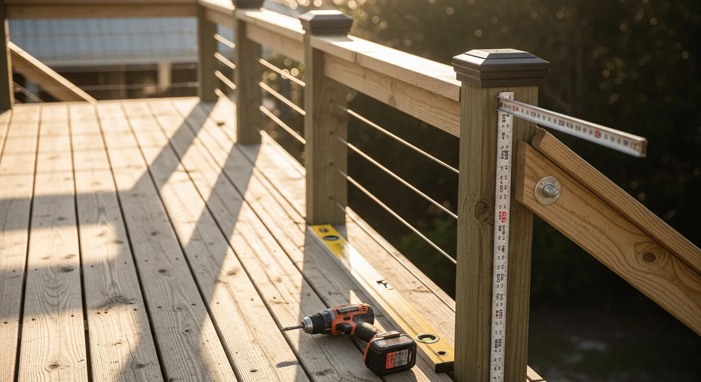 A newly installed residential deck railing on a coastal Carolina home, showing a clean top rail and evenly spaced balusters along an elevated deck with landscaping in the background.