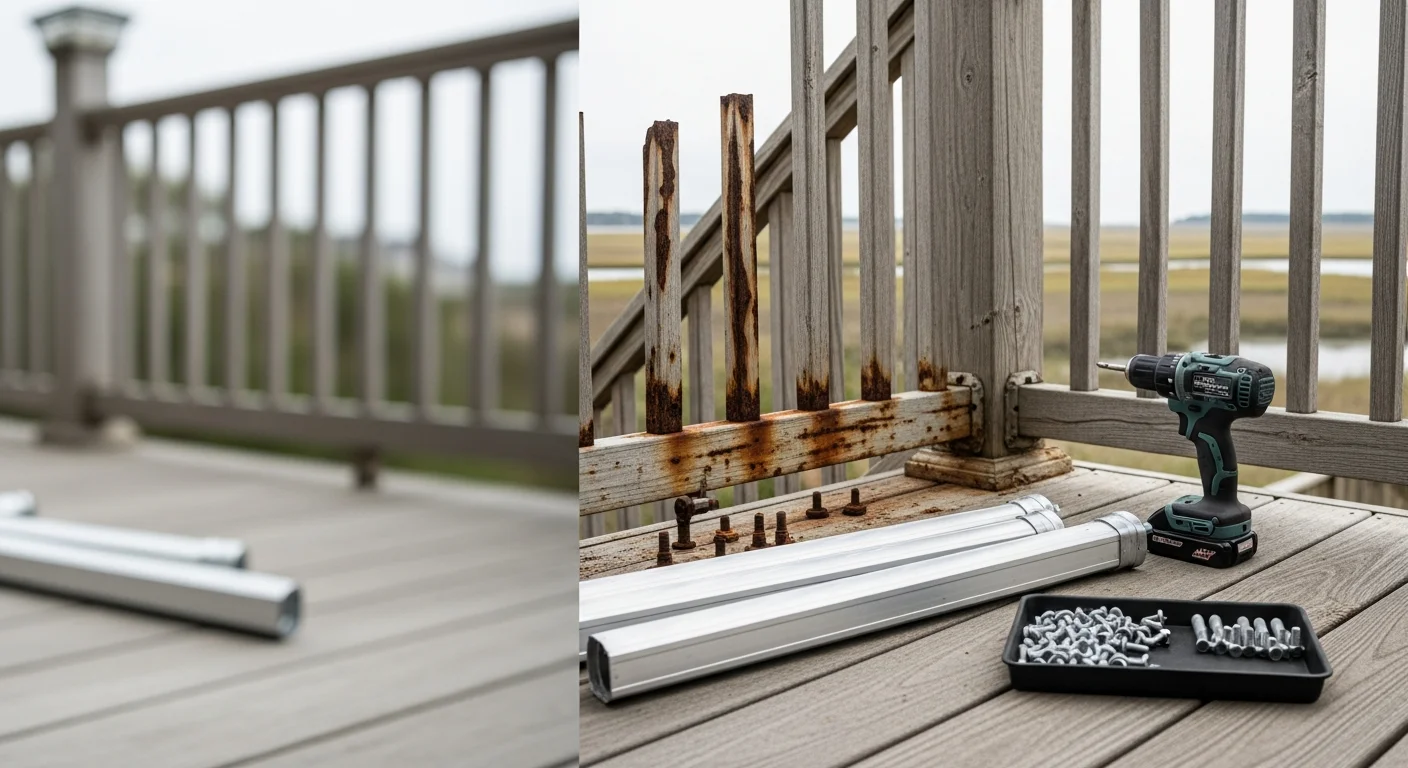 Newly installed aluminum deck railing on a residential property in the Coastal Carolinas, with evenly spaced balusters and a clean top rail finish. The railing runs the full perimeter of an elevated deck with coastal landscaping visible in the background.