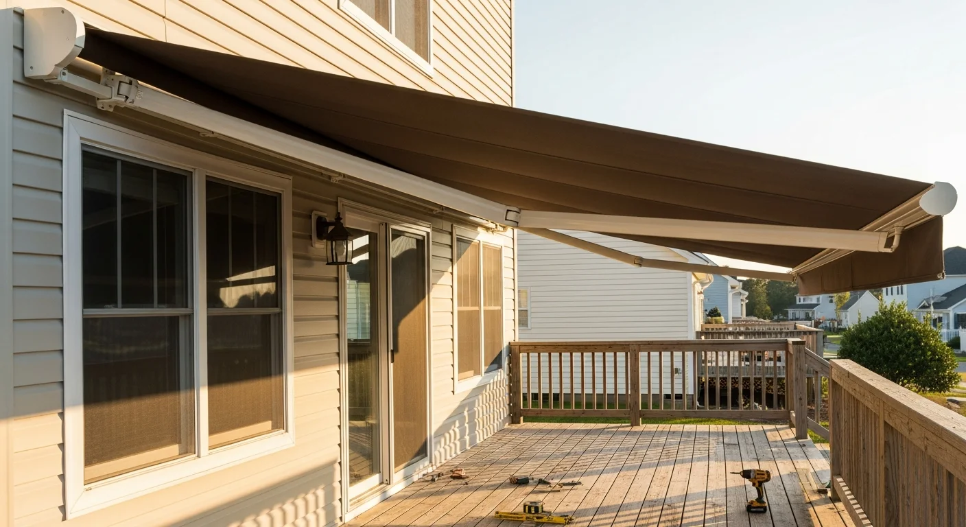 A retractable awning fully extended over a residential back patio in the Coastal Carolinas, providing shade on a sunny coastal afternoon. The awning is mounted flush to the rear exterior wall of a single-story home with a wood deck and outdoor seating visible underneath.