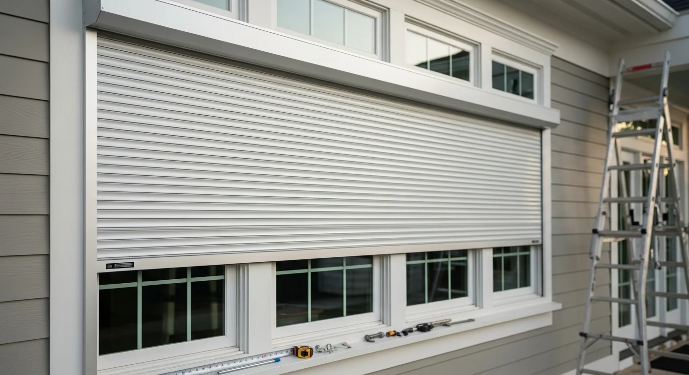 Roll down hurricane shutters fully deployed over the windows and front door of a single-family home in the Coastal Carolinas. The aluminum slats are closed and locked, showing the shutters in storm-ready position on a coastal residential property.