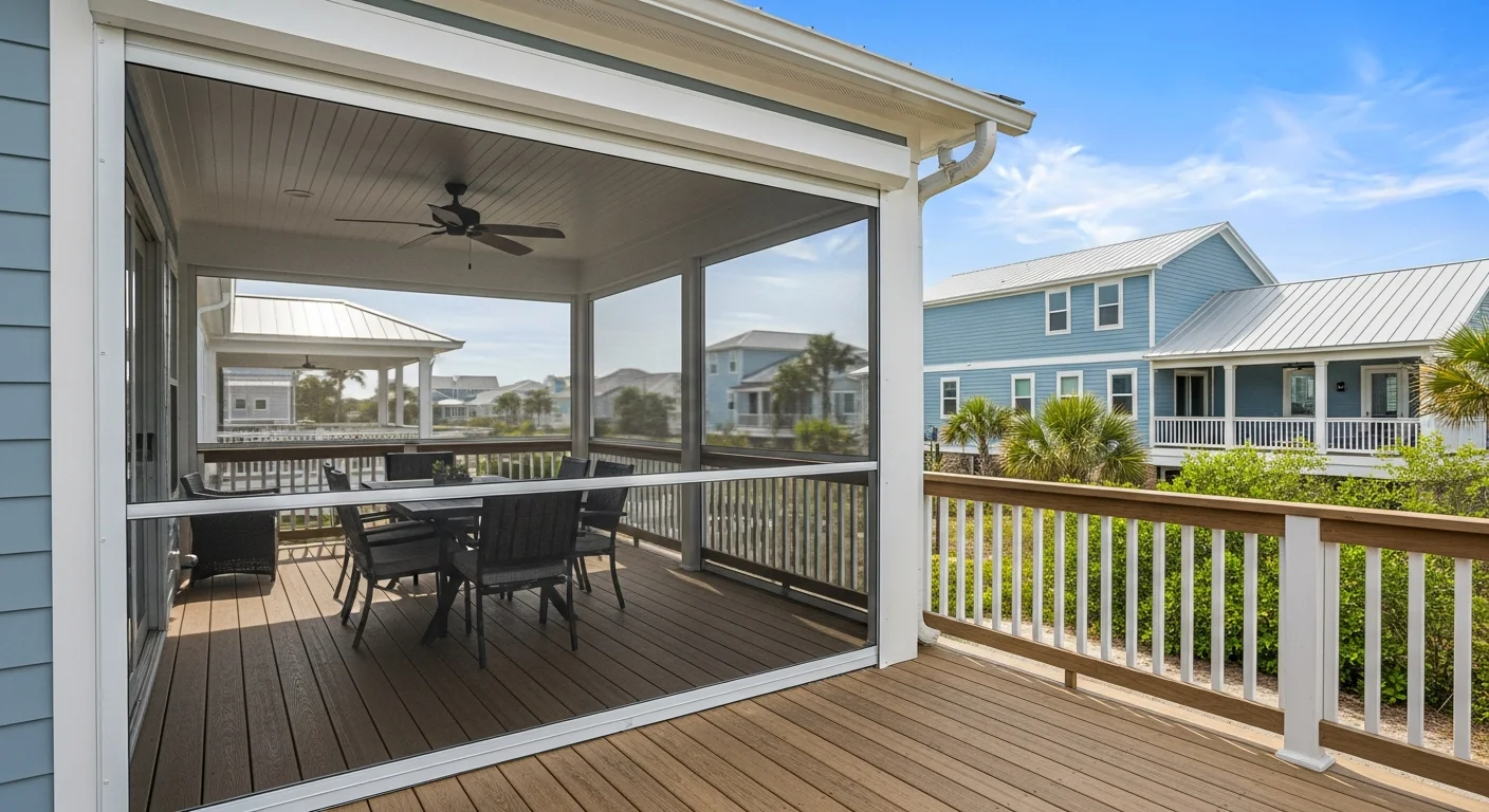 A roll down screen system fully lowered across the open side of a covered deck in the Coastal Carolinas, with coastal vegetation visible beyond the screen mesh. A second view shows the screen rolled up and stored neatly at the top of the frame, leaving the deck open to the outdoor view.